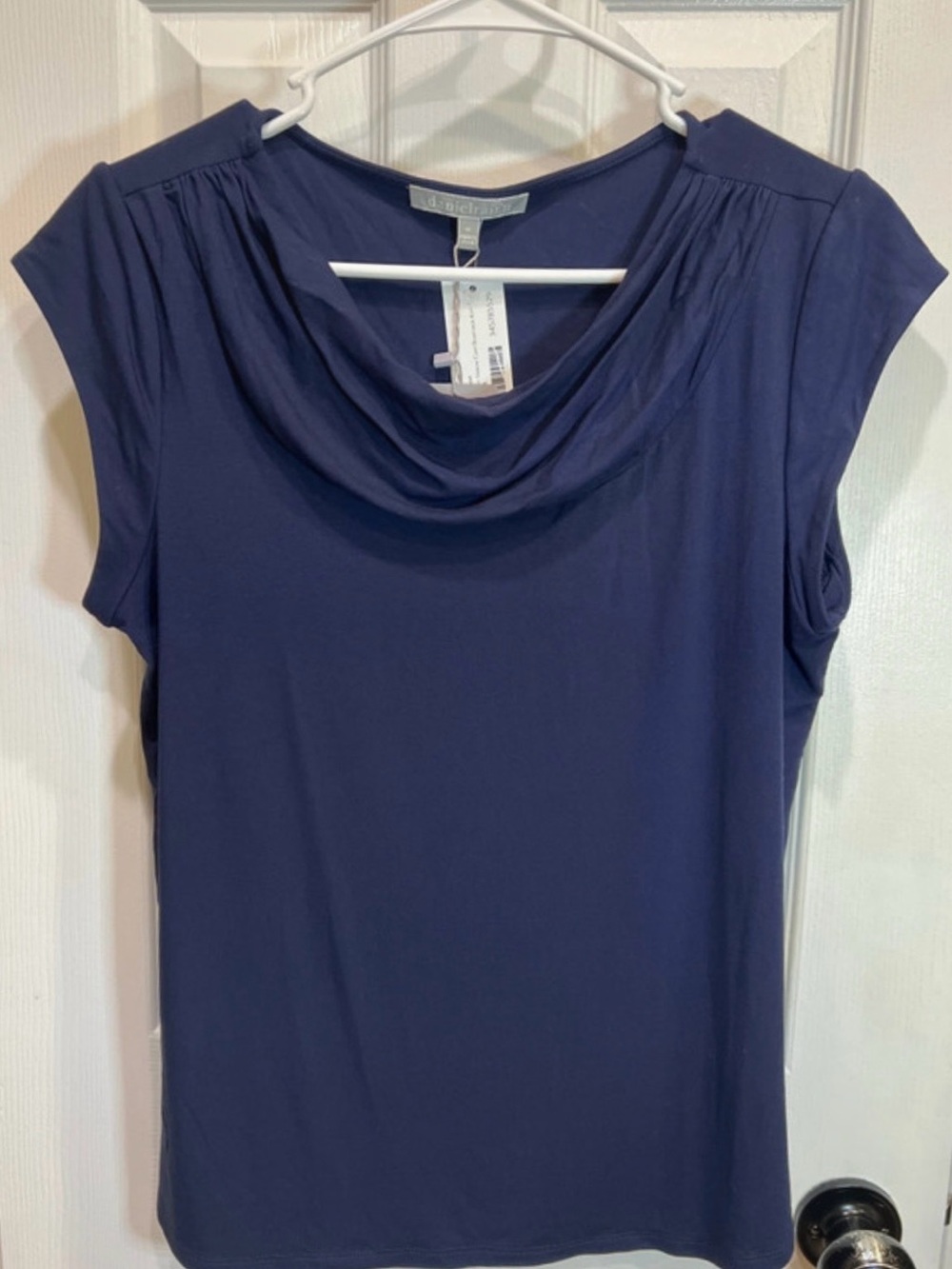 Daniel Rainn Navy Draped Cowl Neck Cap Sleeve Top
